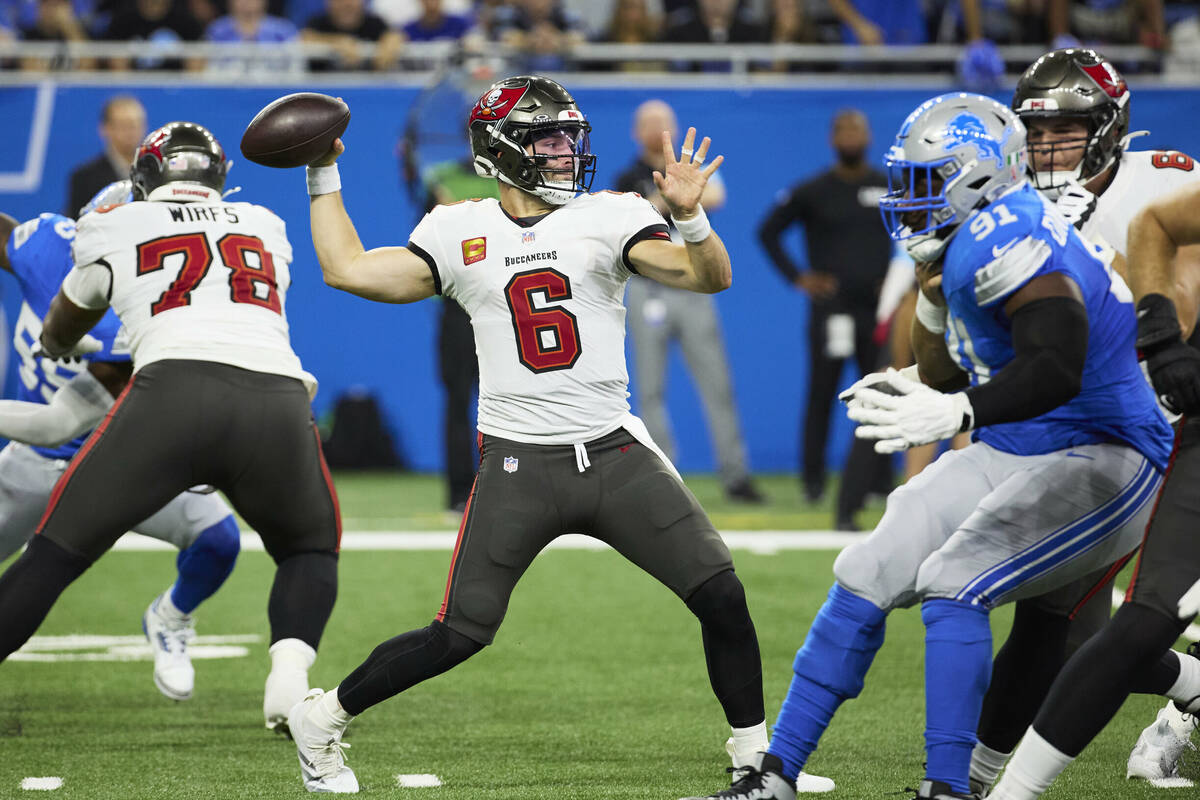 Tampa Bay Buccaneers quarterback Baker Mayfield (6) passes against the Detroit Lions during an ...