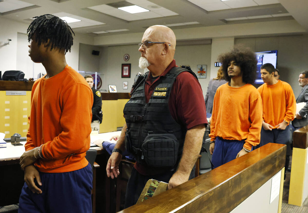 Dontral Beaver, left, Treavion Randolph and Damien Hernandez, right, all in orange prison sweat ...