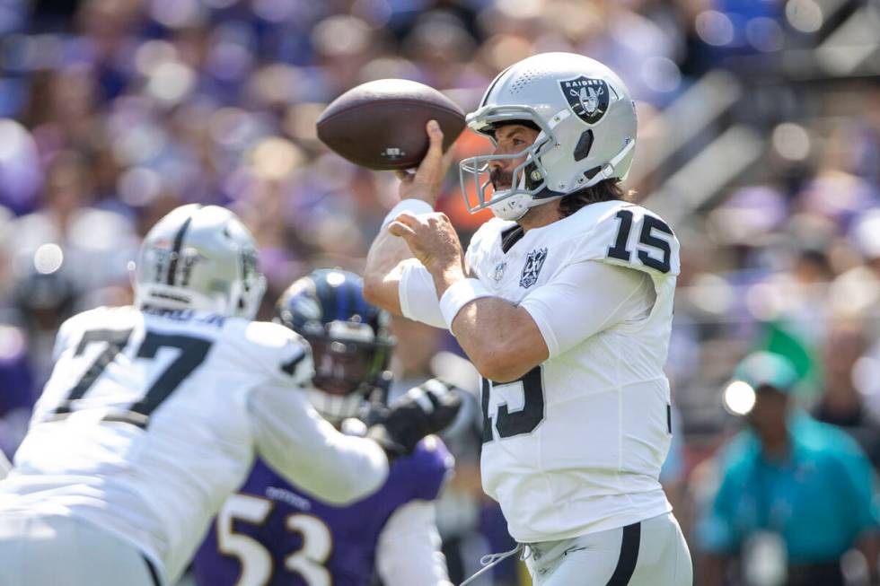 Raiders quarterback Gardner Minshew (15) prepares to throw during the first half of an NFL game ...