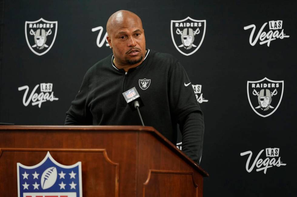 Las Vegas Raiders head coach Antonio Pierce speaks during a news conference after an NFL footba ...