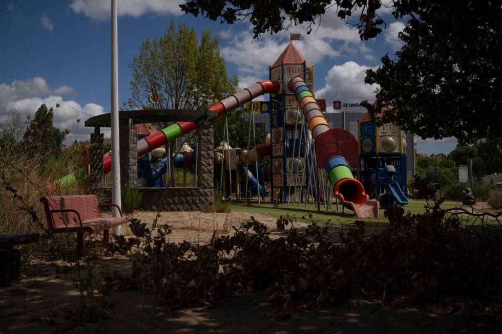 A playground is seen on a square in Kiryat Shmona, a city located next to the border with Leban ...