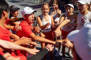 Coronado players huddle together before the high school tennis matches against Basic at Coronad ...