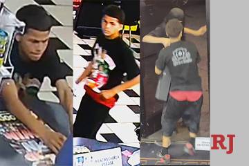 Surveillance photos of the two suspects in a Sept. 13, 2024, armed robbery near West Charleston ...