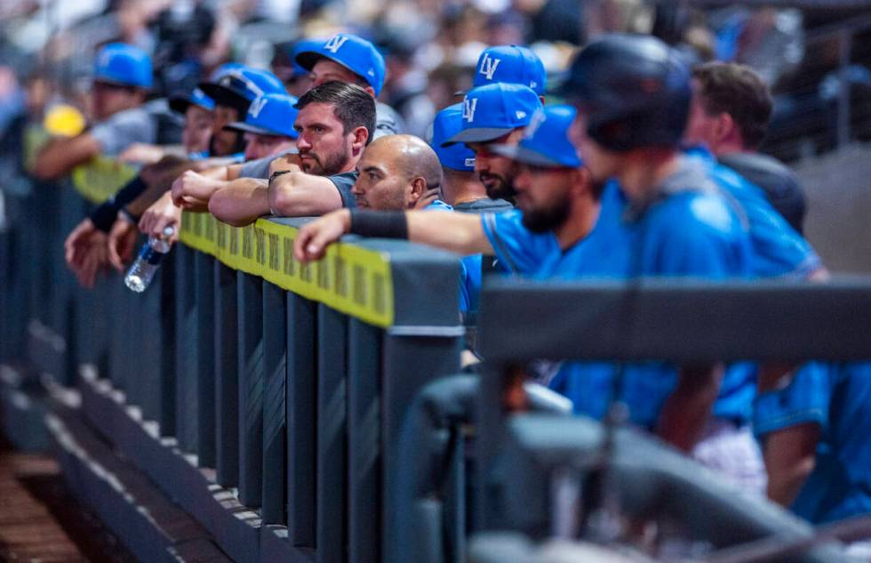 Aviators players watch the action for the dugout as they battle the El Paso Chihuahuas during t ...