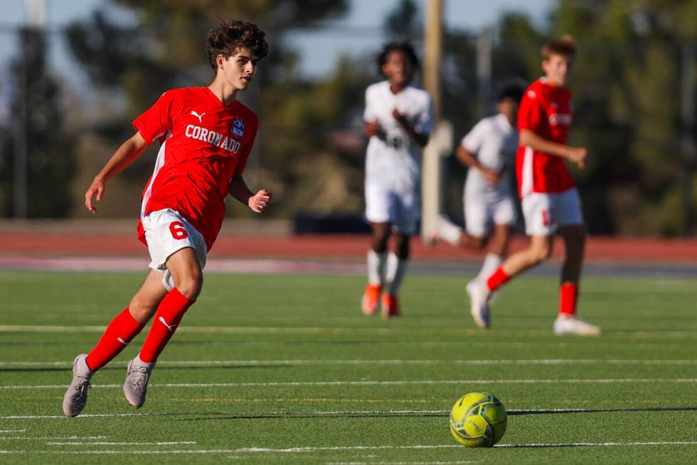 Coronado midfielder Dalton Meusy (6) runs after the ball during a soccer game between Coronado ...