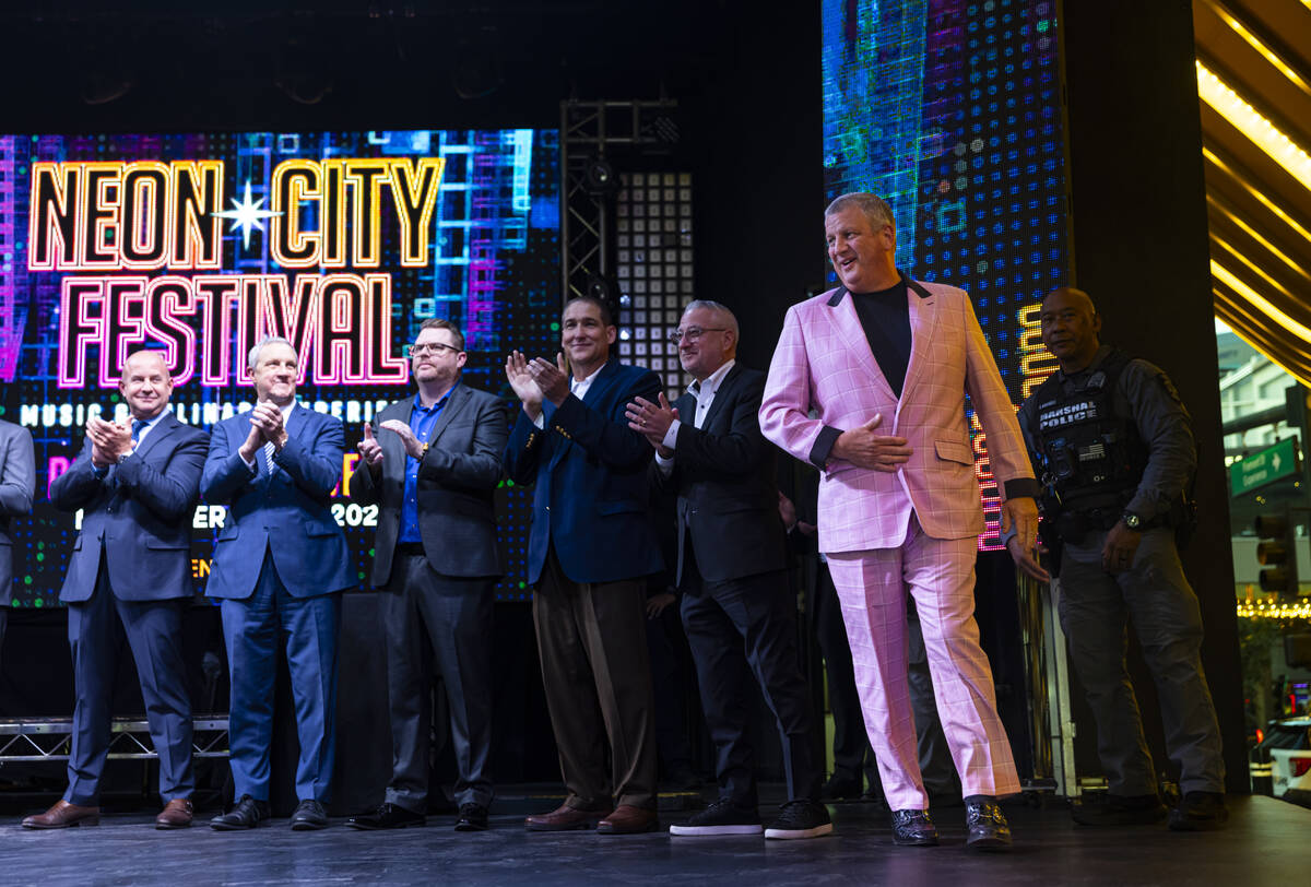 Casino owner Derek Stevens, right, is introduced before the first announcement of performers fo ...