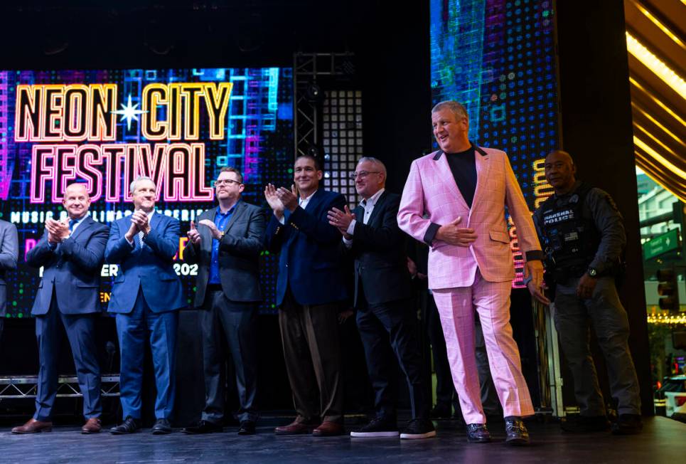 Casino owner Derek Stevens, right, is introduced before the first announcement of performers fo ...