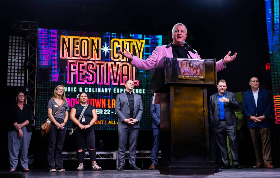 Casino owner Derek Stevens speaks before the first announcement of performers for the new Neon ...