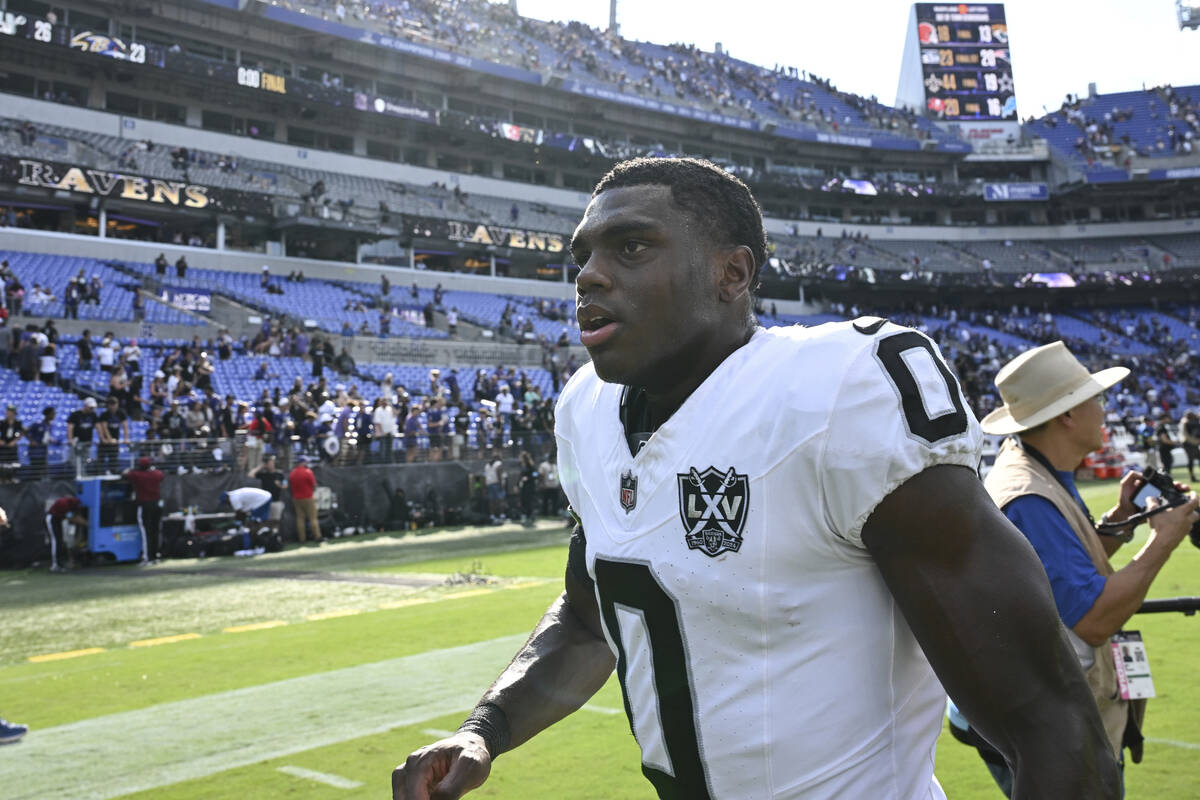 Las Vegas Raiders cornerback Jakorian Bennett (0) walks off the field after an NFL football gam ...