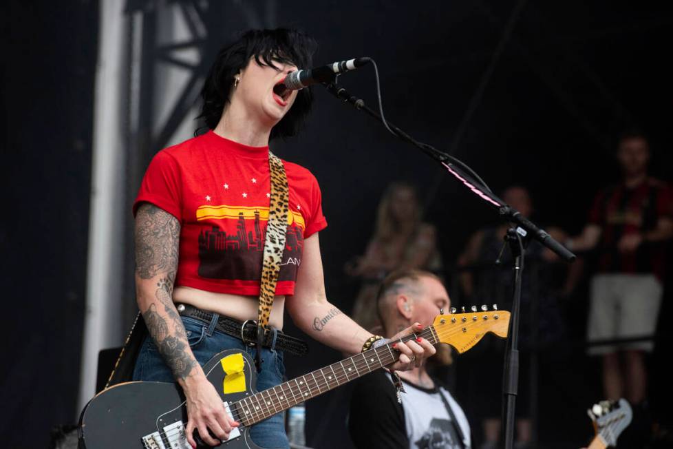 Brody Dalle, of The Distillers, performs on stage at Shaky Knees Music Festival on Saturday, Ma ...