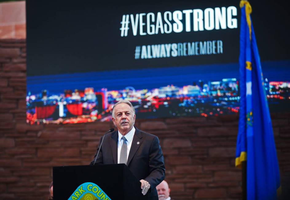 Nevada Gov. Joe Lombardo speaks at the 1 October Sunrise Remembrance ceremony at the Clark Coun ...