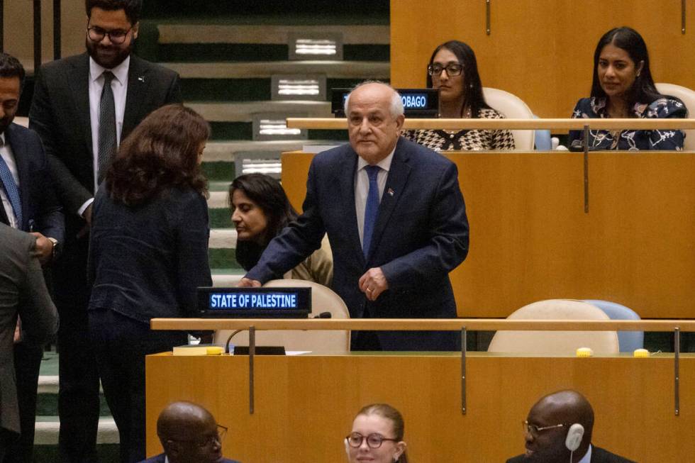 Riyad Mansour, Palestinian Ambassador to the United Nations, arrives at the 79th session of the ...