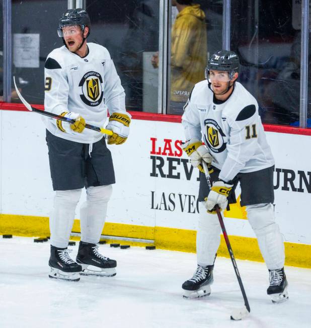 Golden Knights center Jack Eichel (9) yells to a teammate near Golden Knights left wing Mason M ...