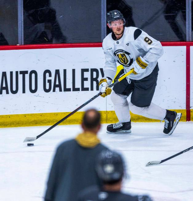 Golden Knights center Jack Eichel (9) advances the puck during the first day of training camp a ...