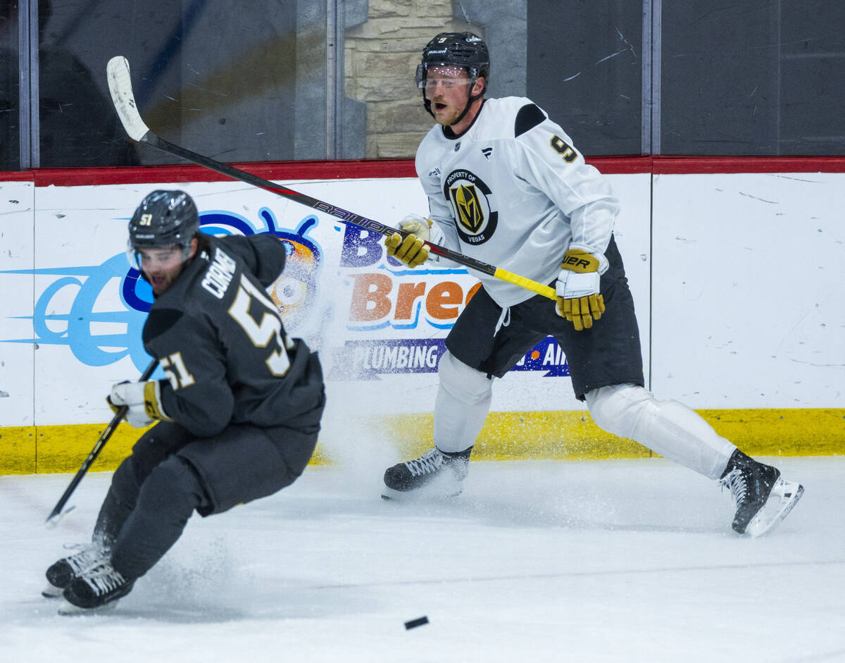 Golden Knights center Jack Eichel (9) looks to a pass getting past defenseman Lukas Cormier (51 ...