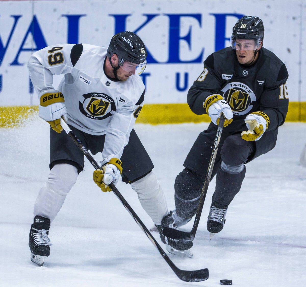 Golden Knights center Ivan Barbashev (49) takes the puck from defenseman Robert Hagg (18) durin ...