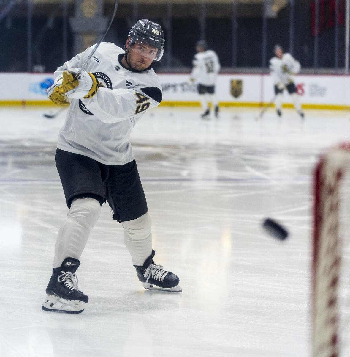 Golden Knights center Ivan Barbashev (49) takes a shot on goal during the first day of training ...