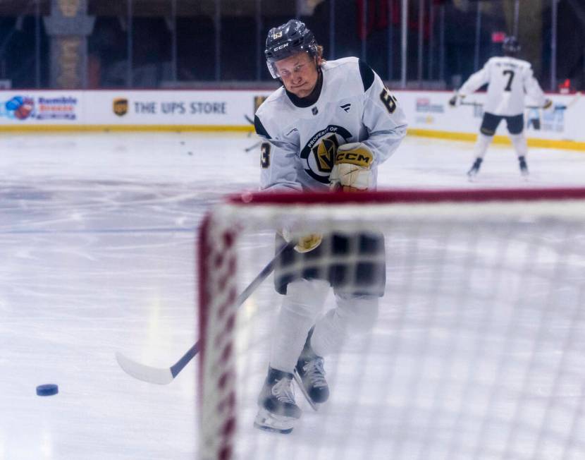 Golden Knights forward Ben Hemmerling (63) takes a shot on goal during the first day of trainin ...