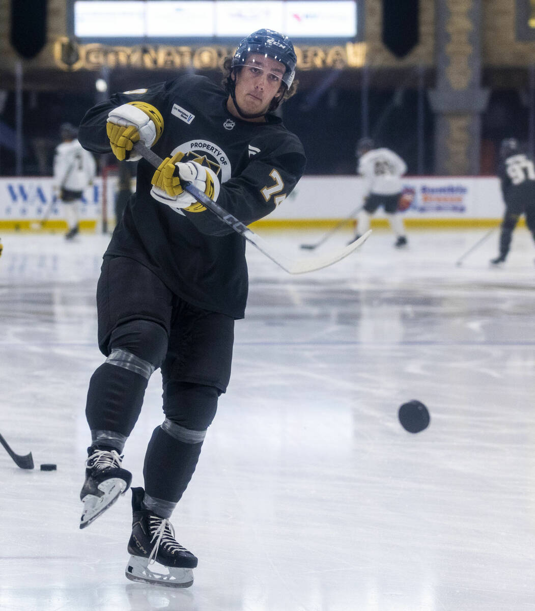 Golden Knights forward Shane Smith (74) takes a shot on goal during the first day of training c ...