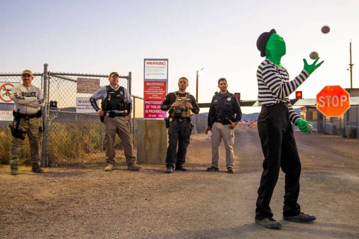 Scott Samford of Hollywood as an alien juggling mime entertains the security personnel at the b ...