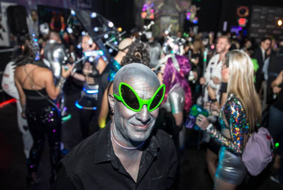 Seth Stylz dresses as a silver and green alien during a pre party for Storm Area 51 on Thursday ...