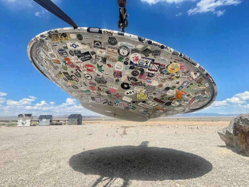 A sticker-covered flying saucer is seen outside the Little A'Le'Inn in Rachel, Nevada, Septembe ...