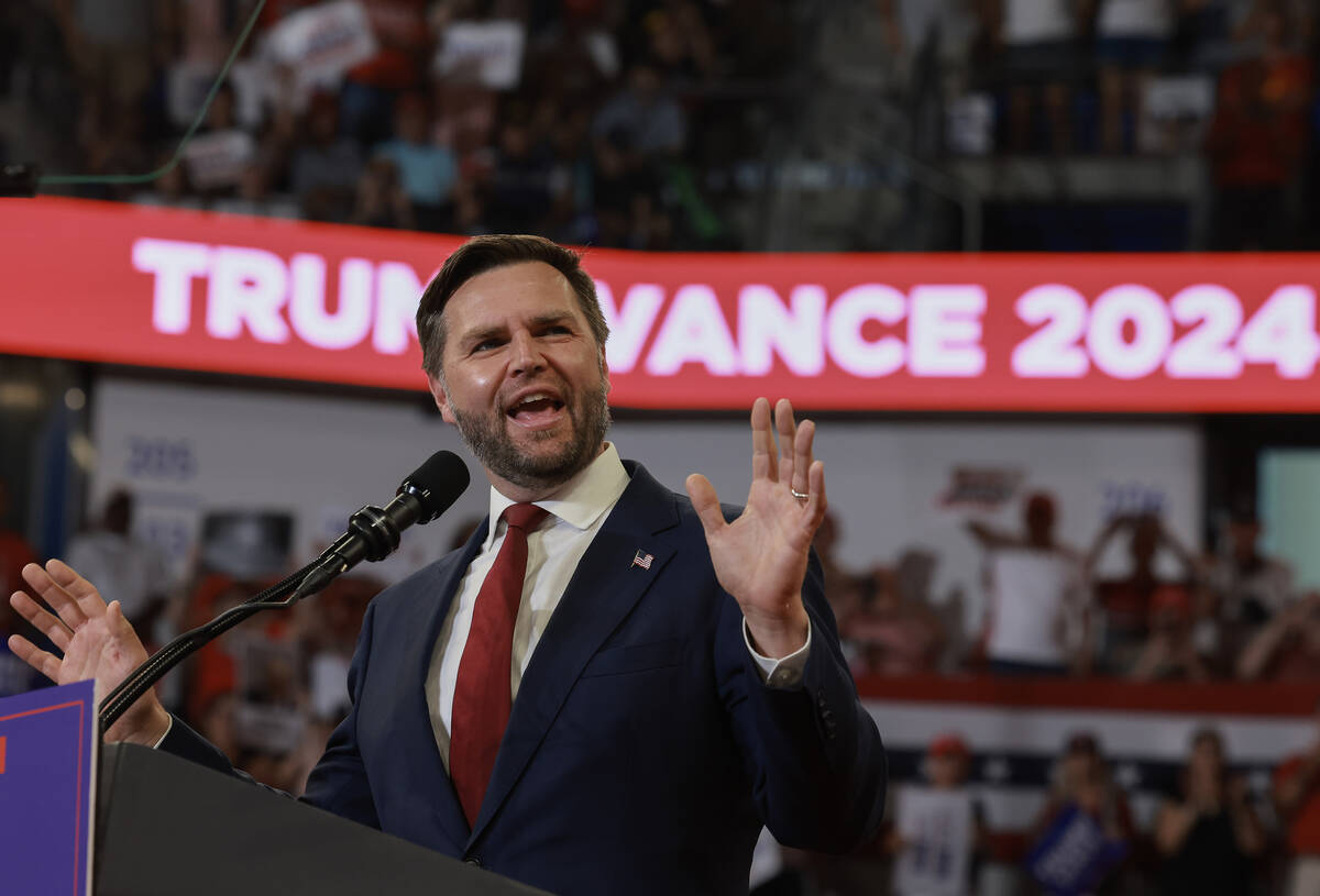 Republican vice presidential nominee U.S. Sen. J.D. Vance, R-Ohio, speaks during a campaign ral ...