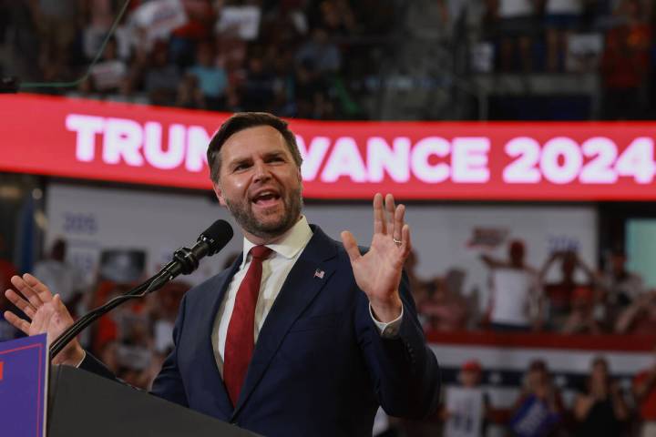 Republican vice presidential nominee U.S. Sen. J.D. Vance, R-Ohio, speaks during a campaign ral ...