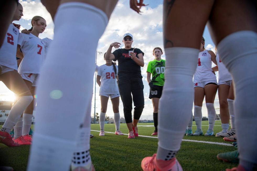 Coronado Head Coach Dana Neel talks to the team before the high school soccer game against Libe ...