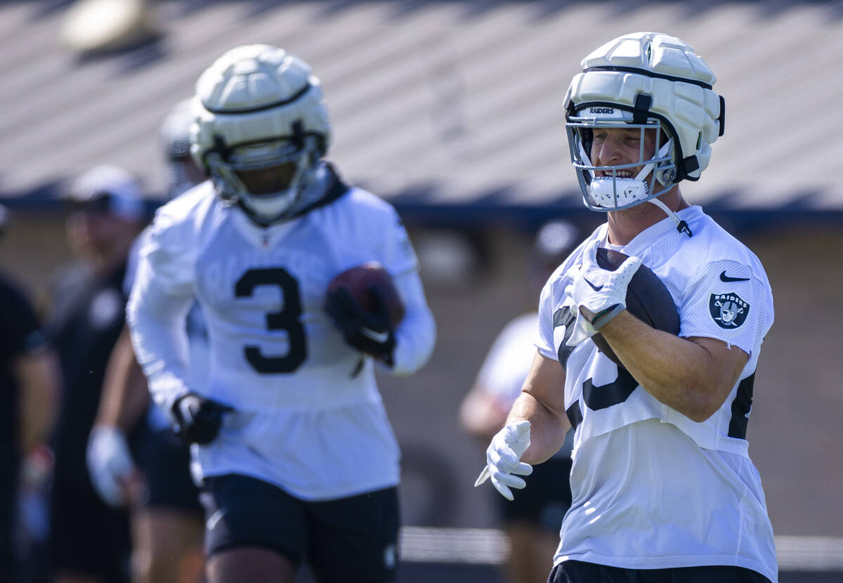 Raiders running back Dylan Laube (23) runs the ball during the first day of Raiders training ca ...