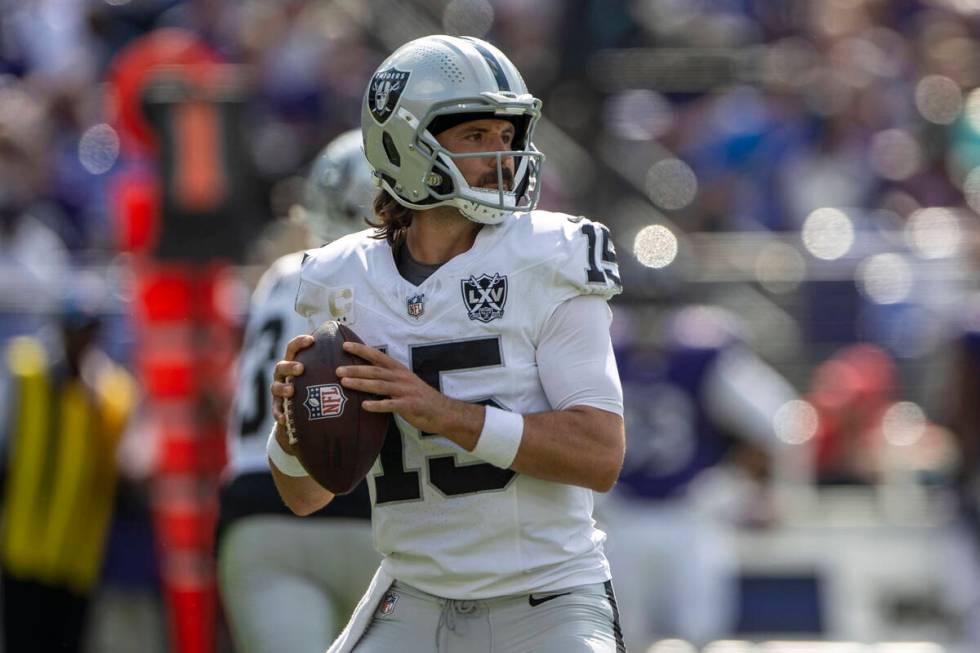 Raiders quarterback Gardner Minshew (15) prepares to throw during the second half of an NFL gam ...