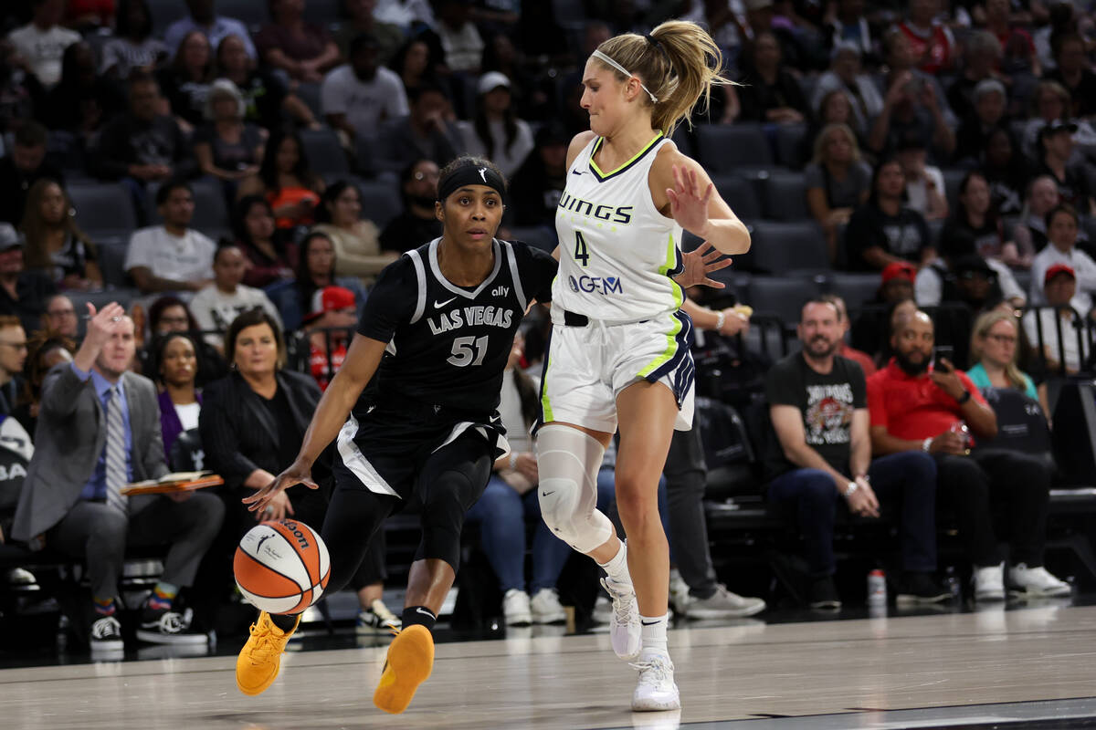 Las Vegas Aces guard Sydney Colson (51) dribbles against Dallas Wings guard Jacy Sheldon (4) du ...