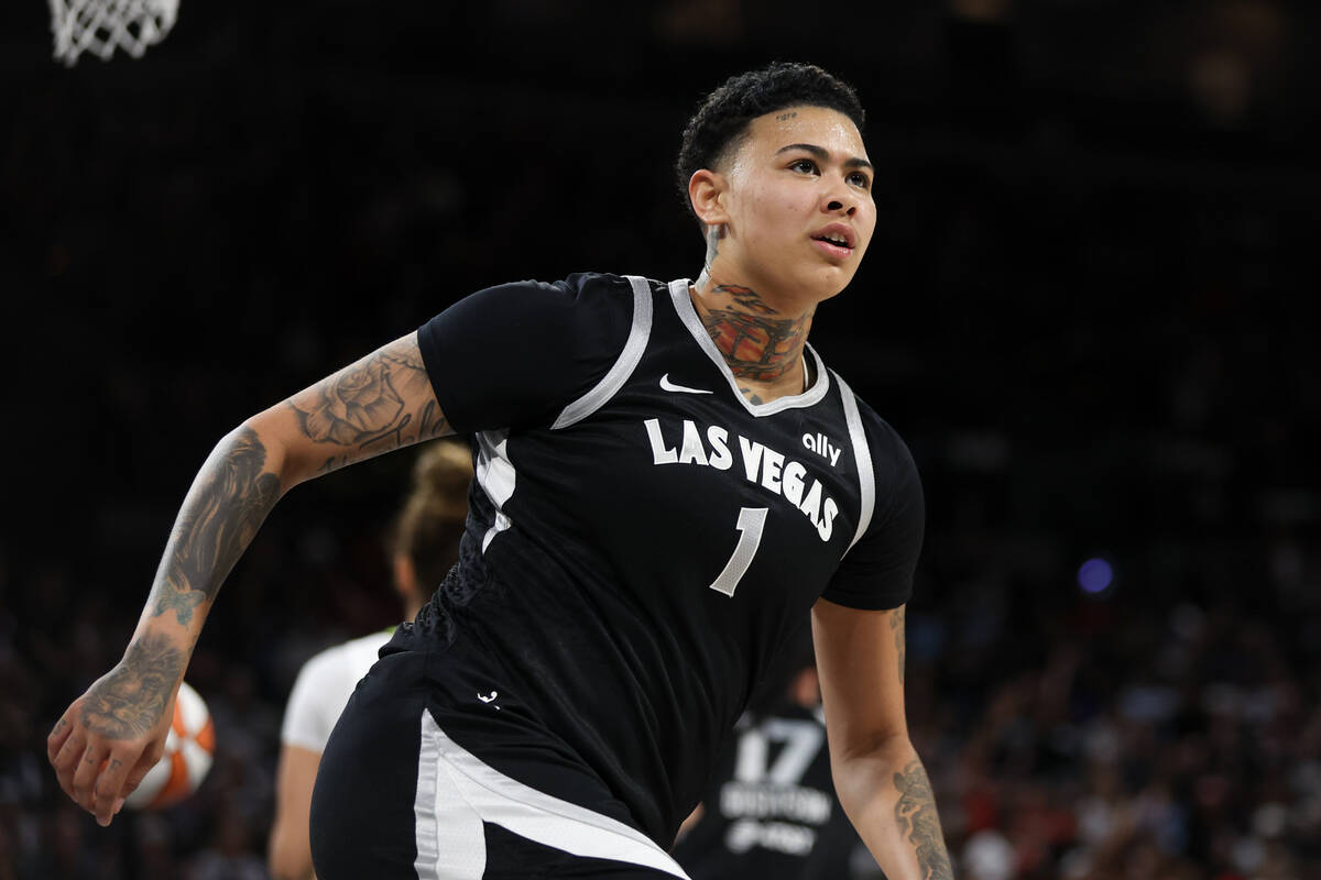 Las Vegas Aces guard Kierstan Bell (1) looks into the crowd after scoring during the second hal ...