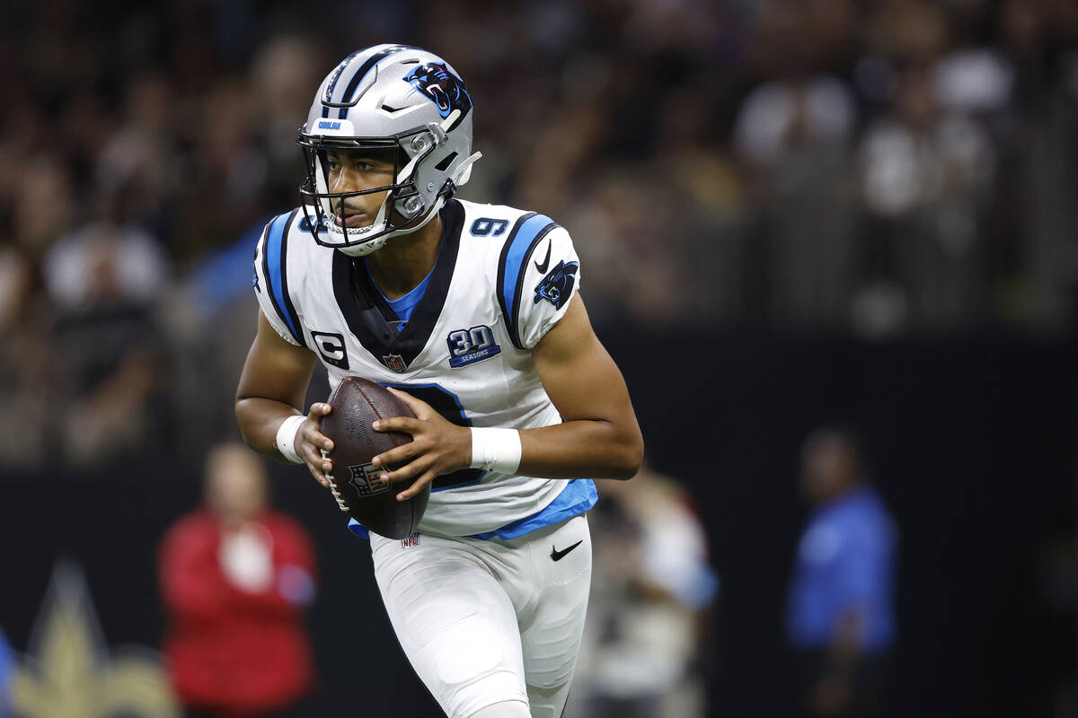 Carolina Panthers quarterback Bryce Young (9) runs the ball during an NFL football game against ...