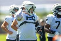 Raiders guard Jackson Powers-Johnson (58) readies for a drill during practice at the Intermount ...