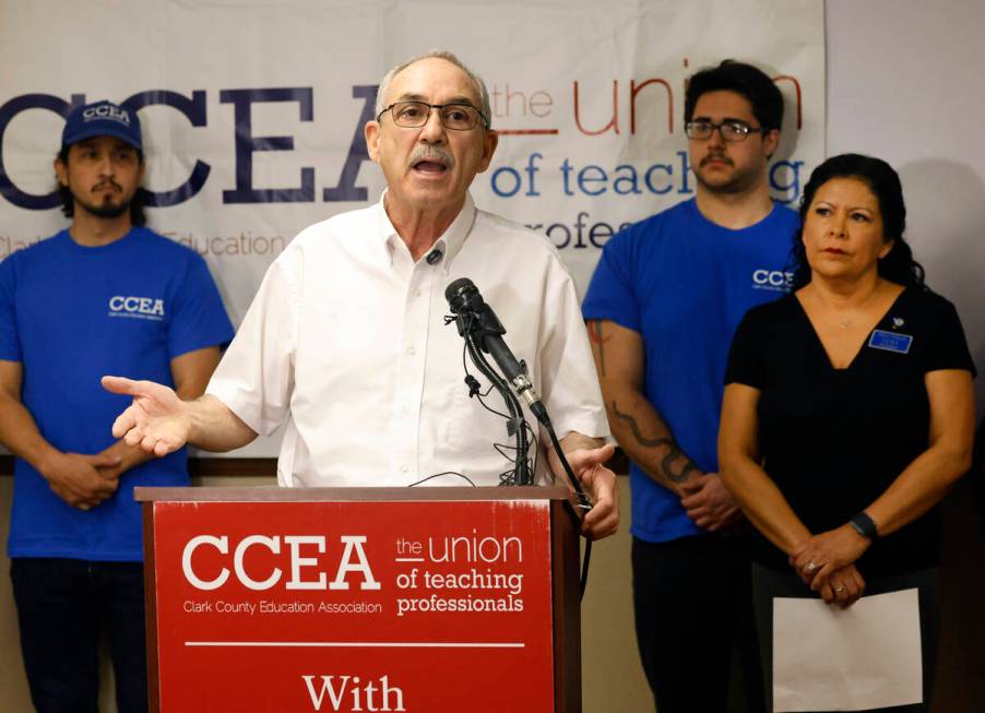 Clark County Education Association Executive Director John Vellardita speaks during a press con ...