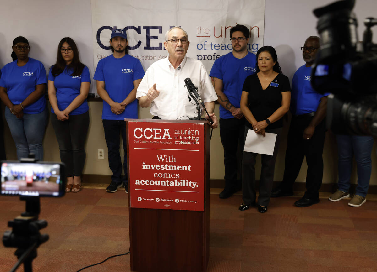 Clark County Education Association Executive Director John Vellardita speaks during a press con ...