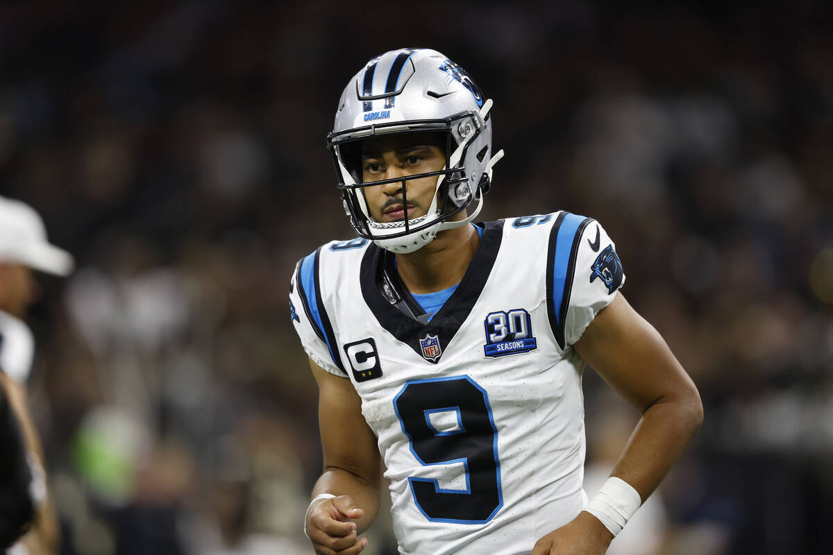 Carolina Panthers quarterback Bryce Young (9) runs during an NFL football game against the New ...