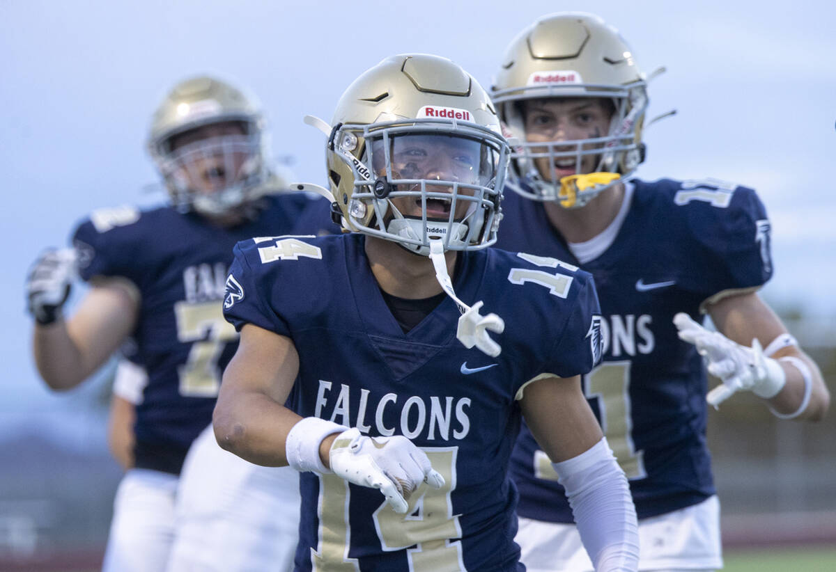 Foothill wide receiver Bryce Rodriguez (14) celebrates after scoring a touchdown during the hig ...