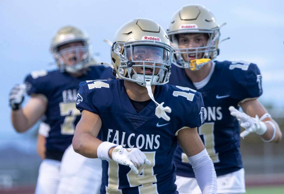 Foothill wide receiver Bryce Rodriguez (14) celebrates after scoring a touchdown during the hig ...