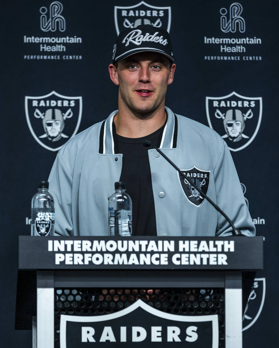 Raiders first round draft pick Brock Bowers speaks during a press conference at the Raiders Hea ...