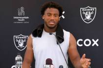 Raiders defensive end Malcolm Koonce addresses the media after organized team activities at the ...