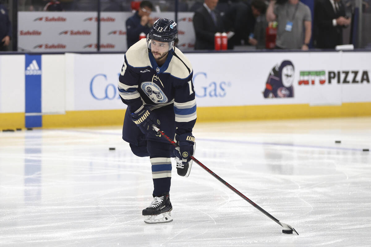 Columbus Blue Jackets forward Johnny Gaudreau warms up before an NHL hockey game against the Pi ...