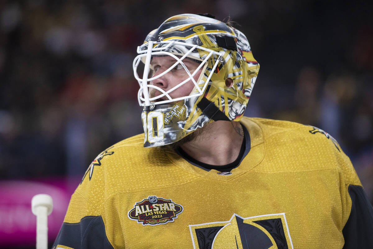 Golden Knights goaltender Robin Lehner (90) looks up ice in the second period during an NHL hoc ...