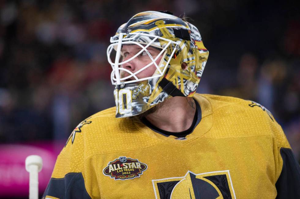 Golden Knights goaltender Robin Lehner (90) looks up ice in the second period during an NHL hoc ...