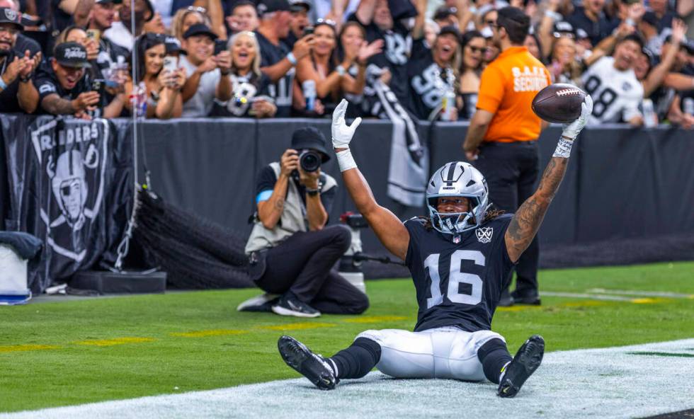 Raiders wide receiver Jakobi Meyers (16) celebrates a pass reception in the end zone as Carolin ...