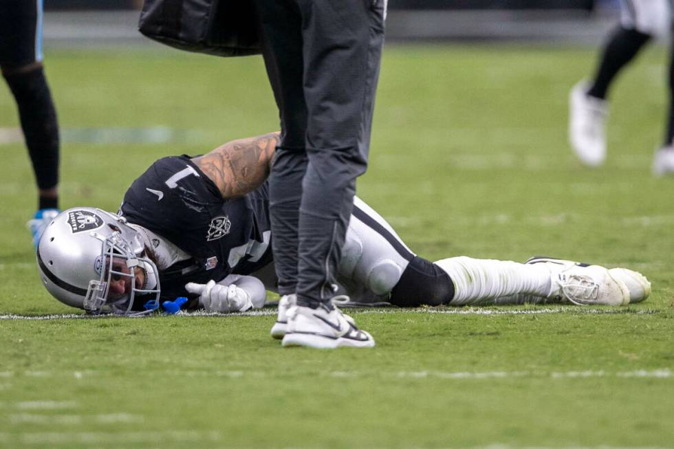 Raiders safety Marcus Epps (1) is injured on the field during the second half of an NFL game Ca ...