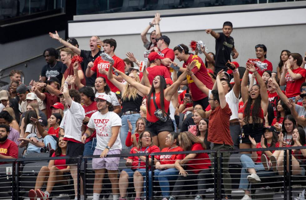 UNLV fans celebrate after Utah Tech misses a field goal during the college football game at All ...