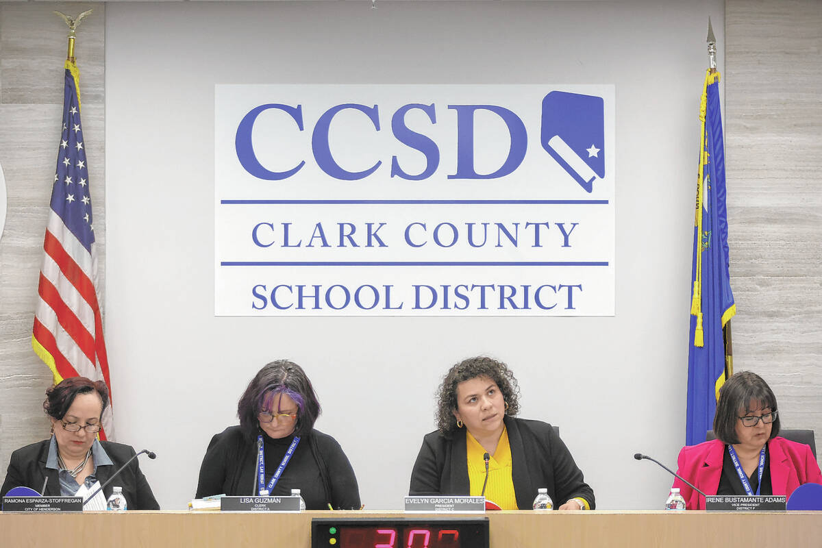 FILE - The Clark County Board of Trustees gathers for a school board meeting at CCSD’s Greer ...