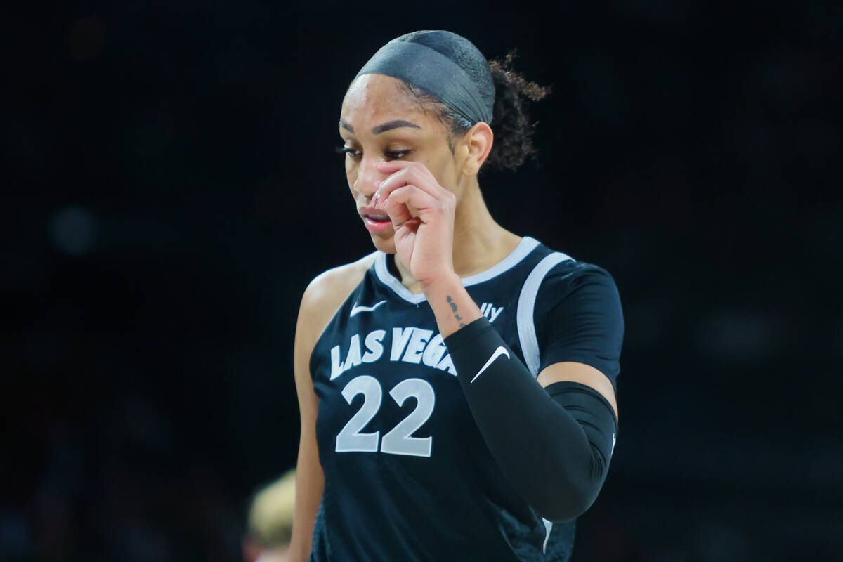 Aces center A'ja Wilson (22) walks back onto the court after a time out during game one of a WN ...